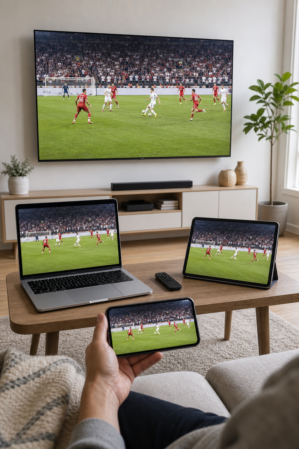 Living-room TV, tablet, phone and laptop showing the same live football match across every screen