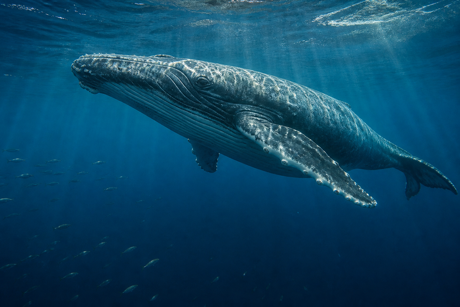 A humpback whale gliding through sunlit blue ocean water