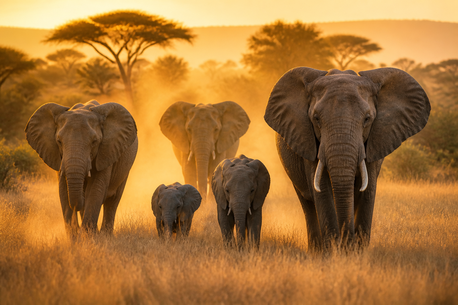 A family of elephants walking through golden savanna grass at sunset