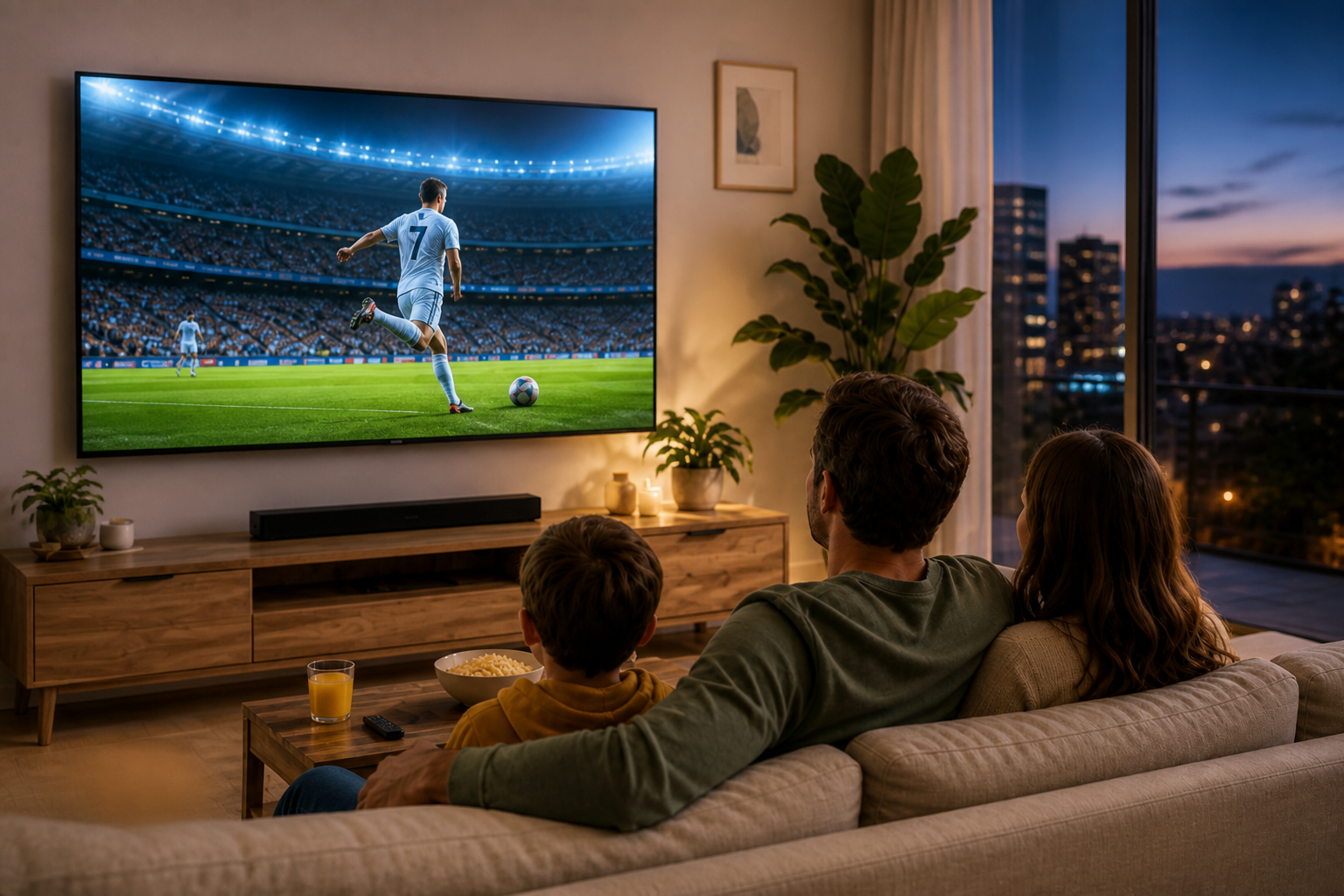 Family watching live sport in stunning 4K on a large living-room TV