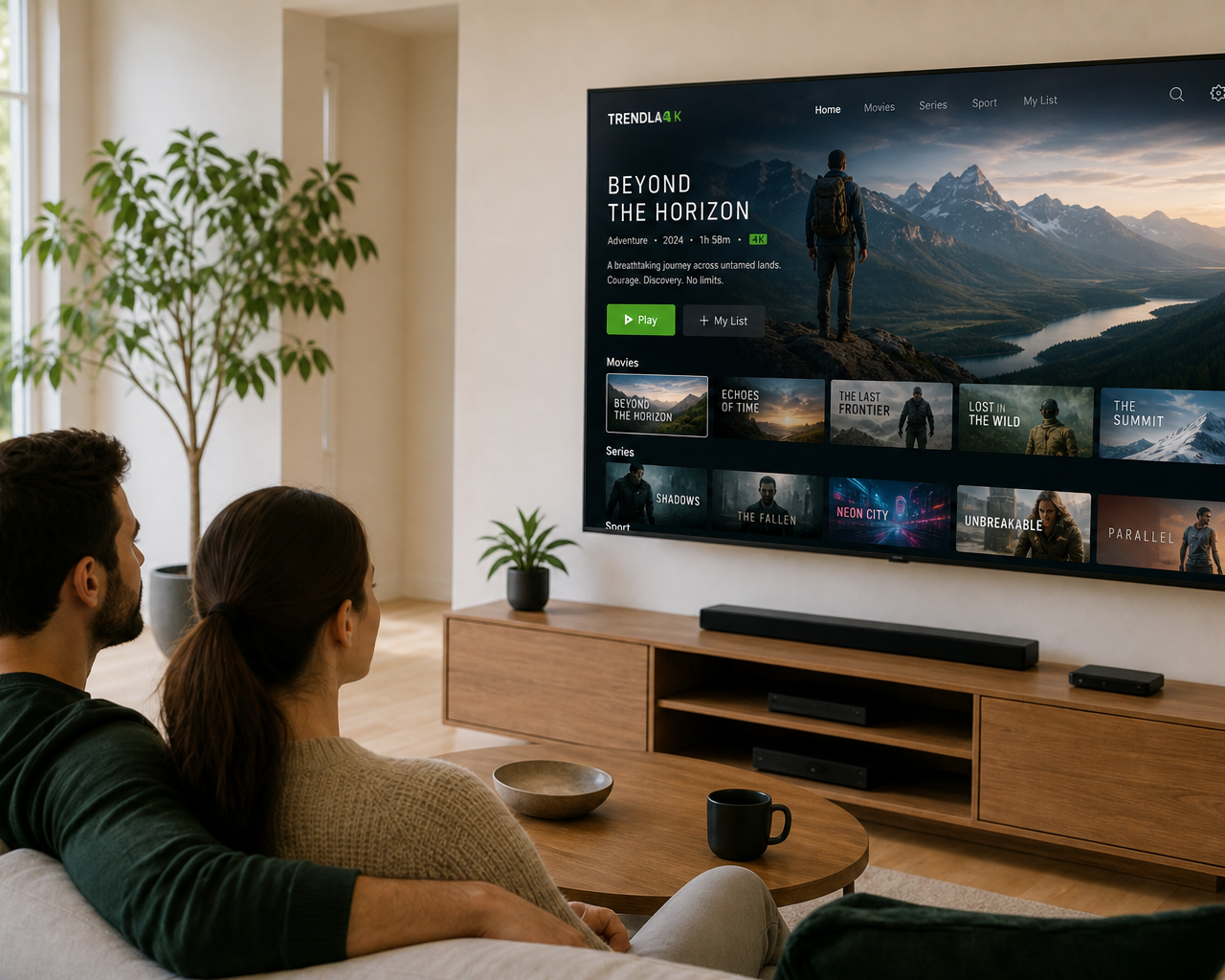 A couple on a sofa in a bright living room, watching the TRENDLA 4K app on a large TV