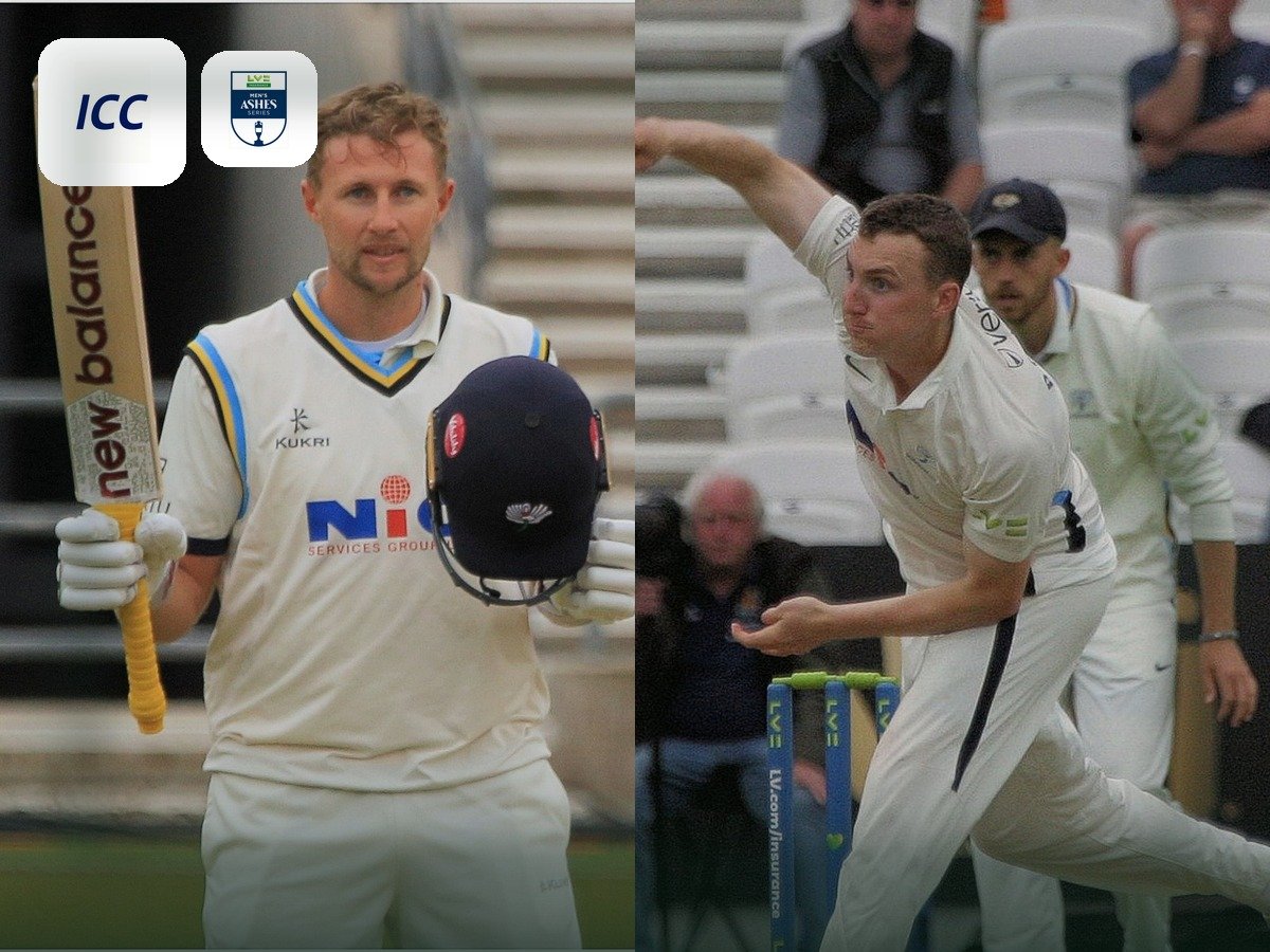 Collage of cricket stars with ICC and The Ashes marks