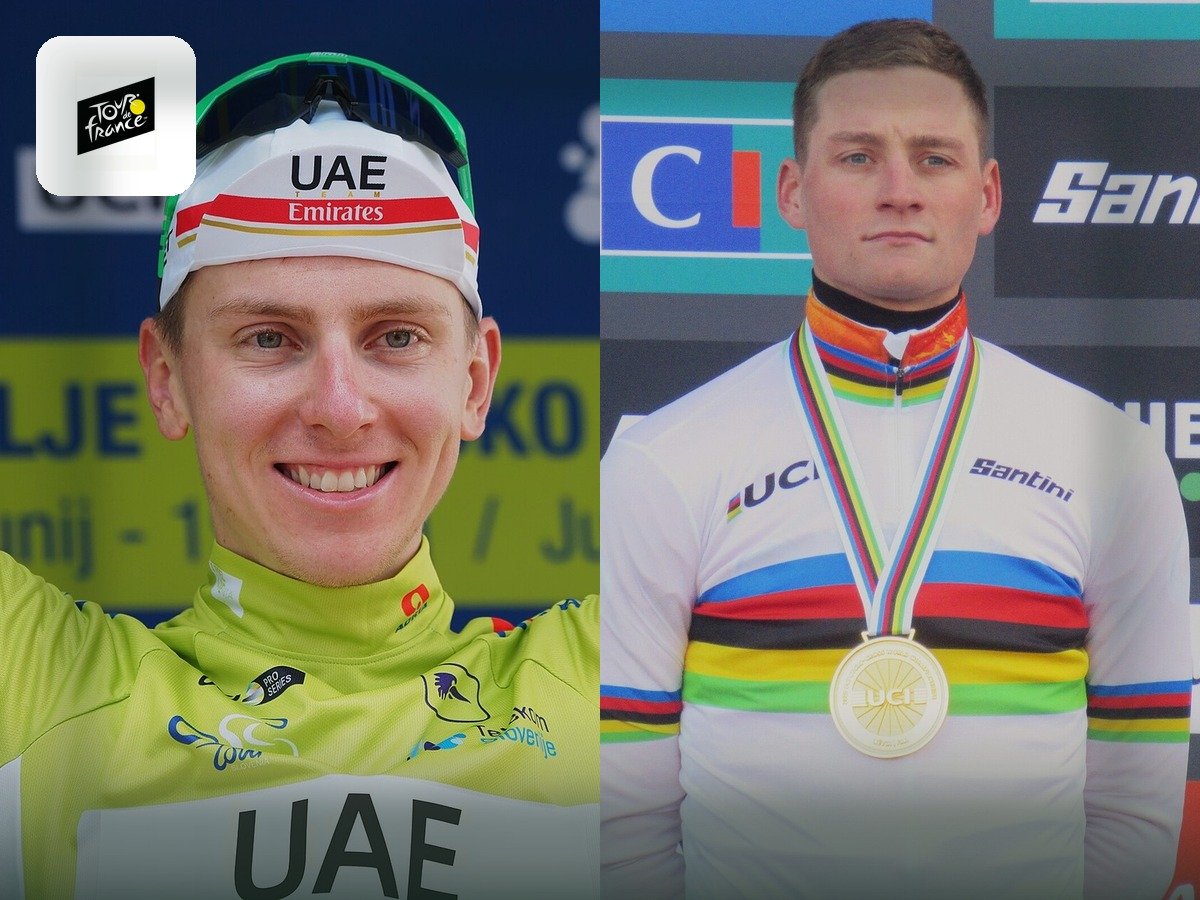 Collage of cycling stars with the Tour de France mark