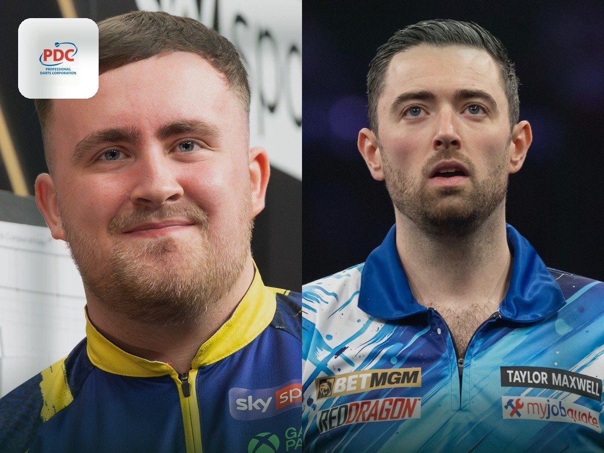 Collage of PDC darts stars with the PDC mark