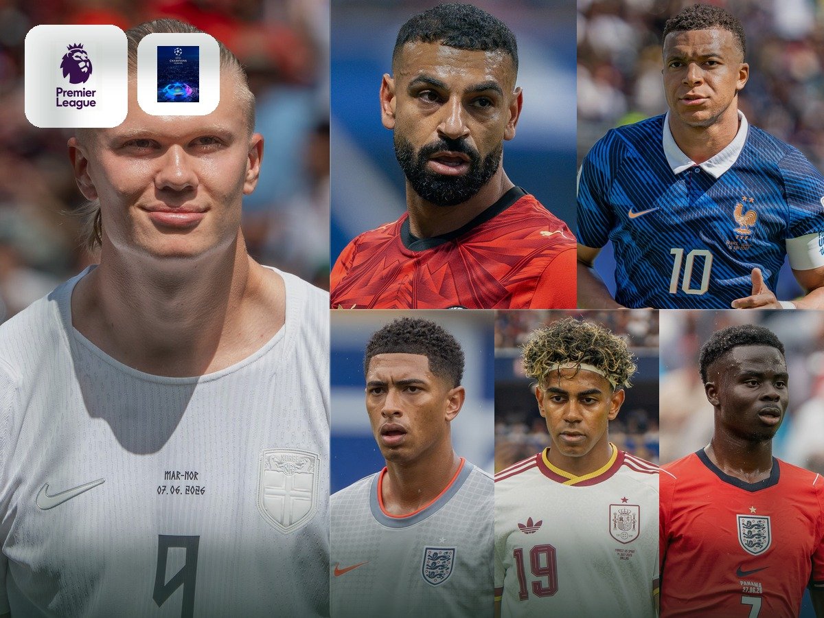 Collage of Haaland, Salah, Mbappé, Bellingham, Yamal and Saka with Premier League and Champions League marks