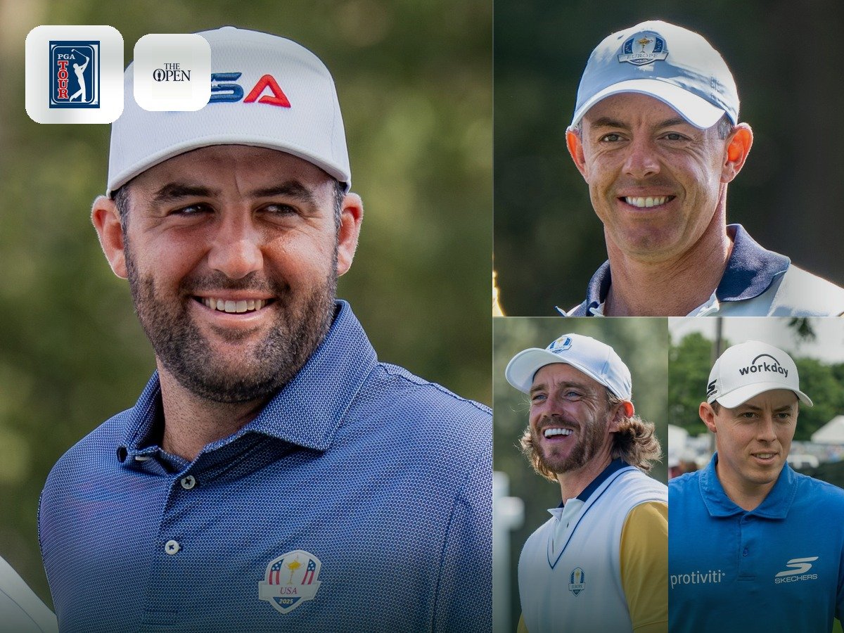 Collage of golf stars with The Open and PGA marks
