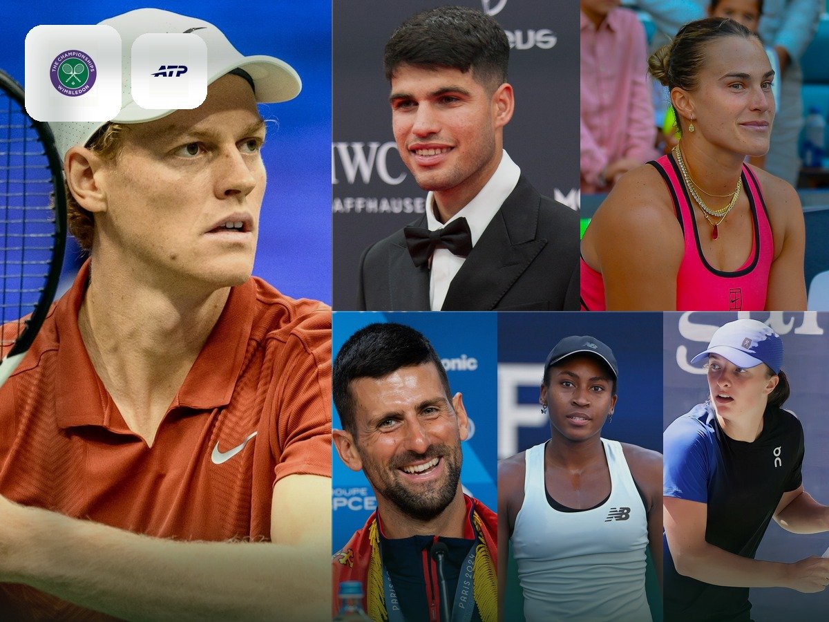 Collage of tennis stars with Wimbledon and ATP marks