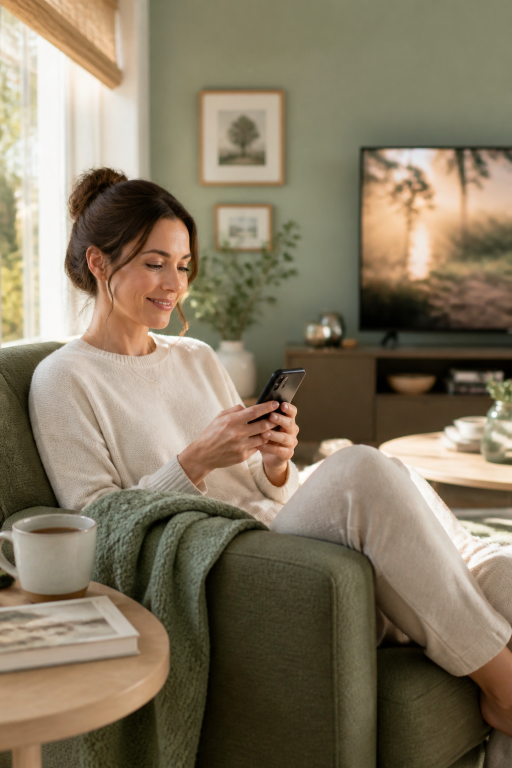 A woman relaxing in a sunlit armchair, smiling while writing a message on her phone