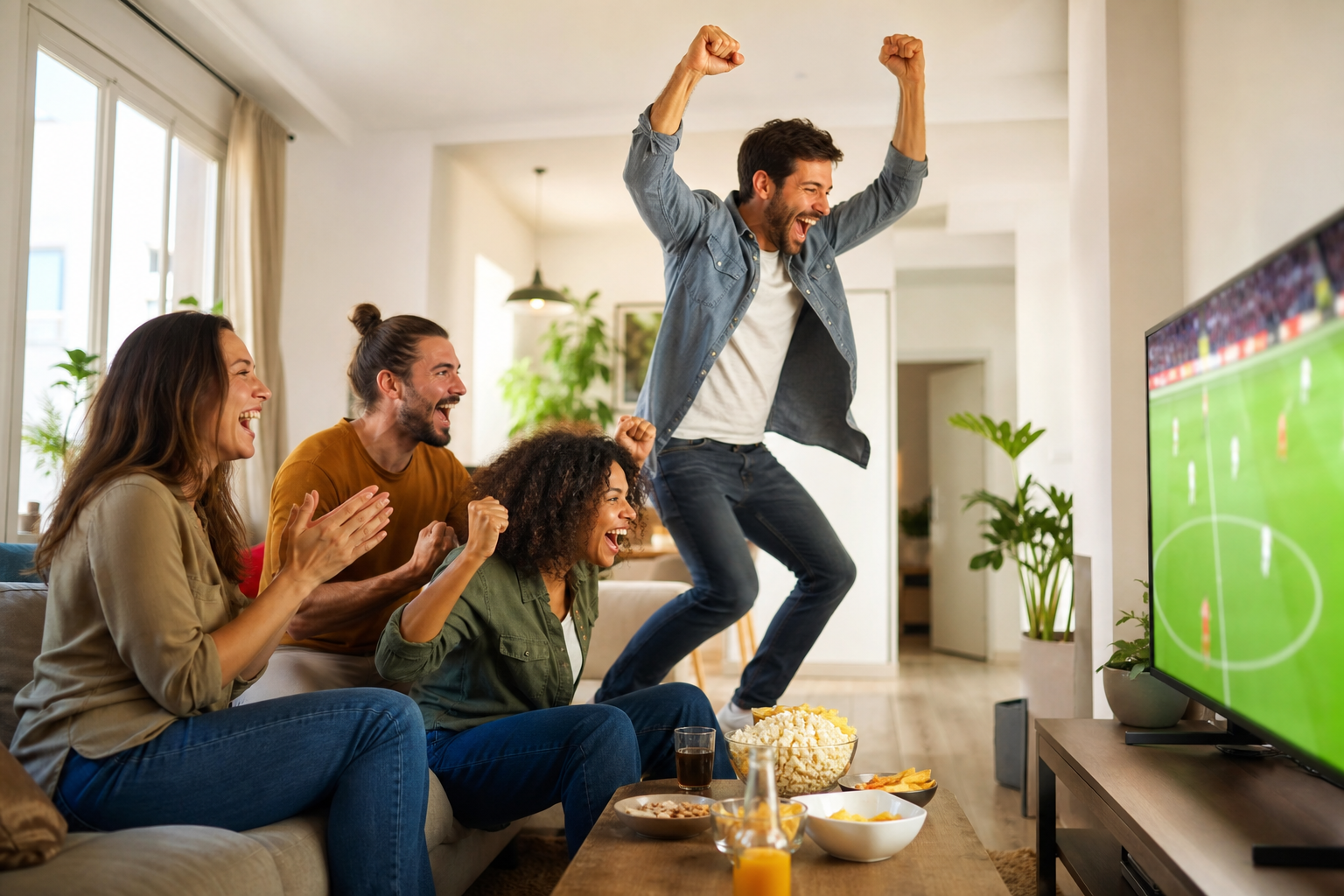 Four friends celebrating a goal while watching football in a bright apartment